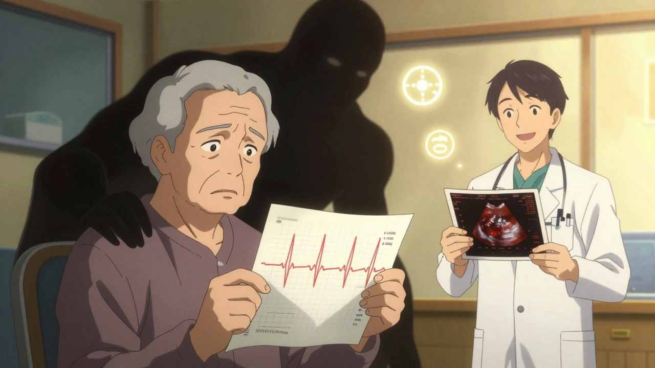 Elderly patient holding ECG with long PR interval, shadow of verapamil behind, amlodipine glowing safely beside cardiologist.