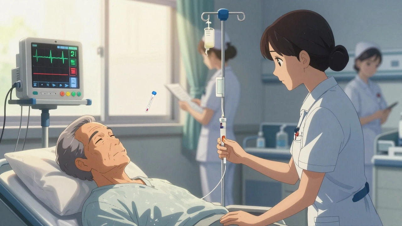 Elderly patient receiving once-daily aminoglycoside dose at 1:30 p.m. with circadian rhythm graph in background.