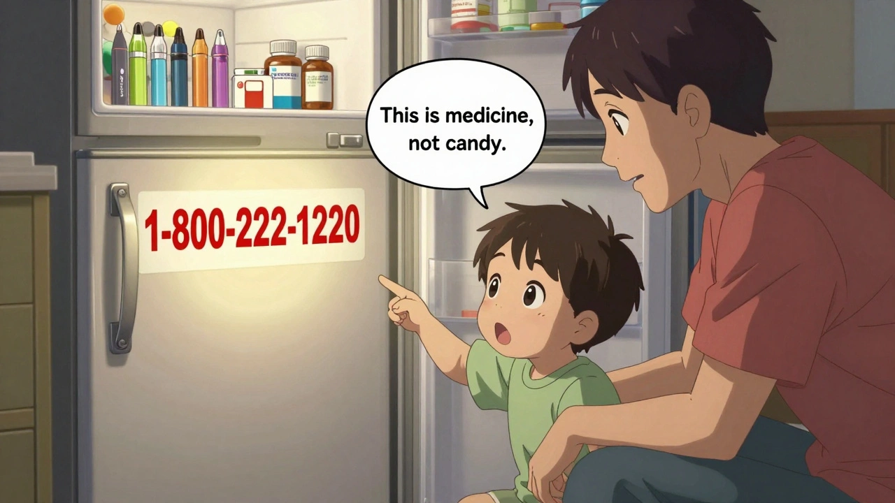 Family gathered at fridge with poison control number, locked cabinet in background