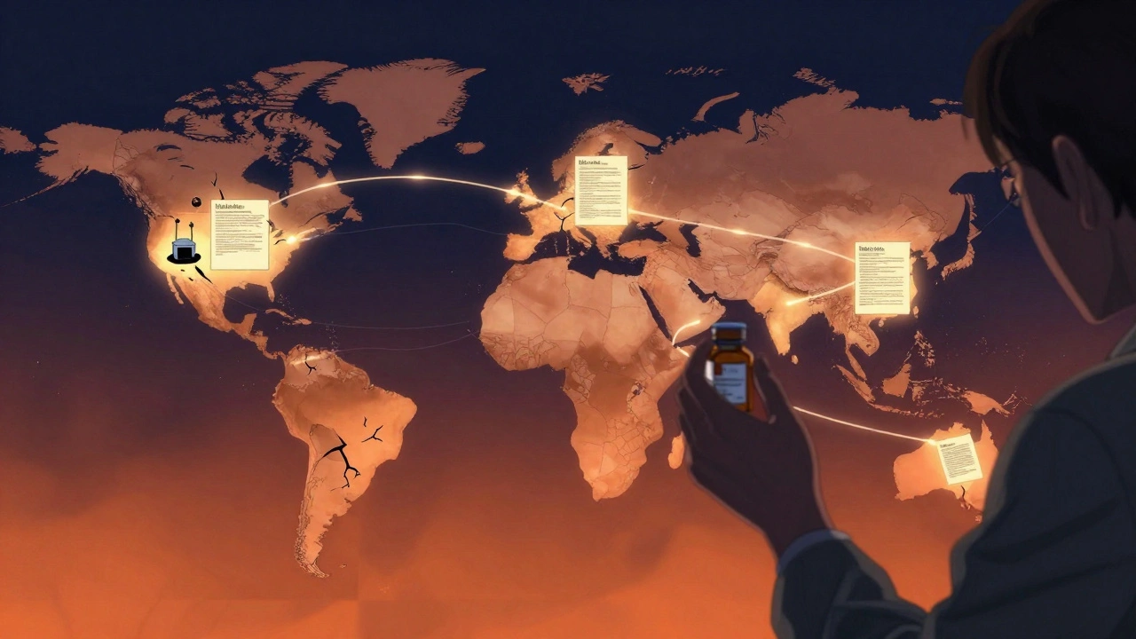 Global map showing generic drug flow from India, with falsified lab reports cracking beneath a patient&#039;s reaching hand.