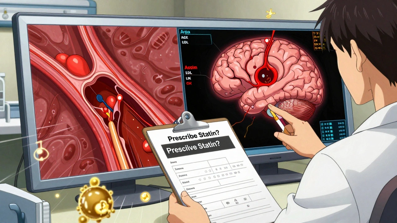 Neurologist reviewing medical chart with split-screen showing plaque removal and brain bleed.