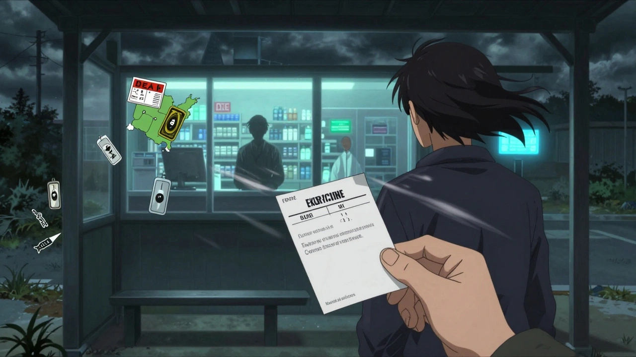 Patient at bus stop watching a rejected prescription blow away as pharmacist refuses it in background.