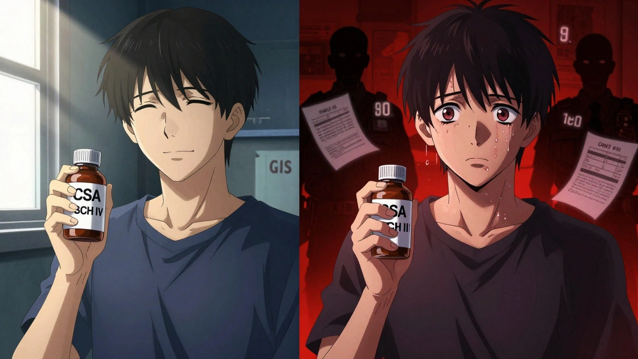 Patient holding two prescription bottles, one labeled Schedule IV with calm light, another Schedule II with shadowy DEA figures.