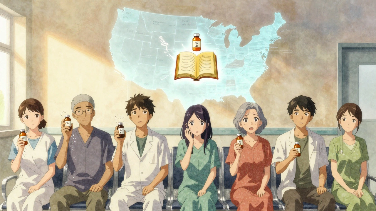 Patients holding generic medications with TE codes as a U.S. usage map projects above them.