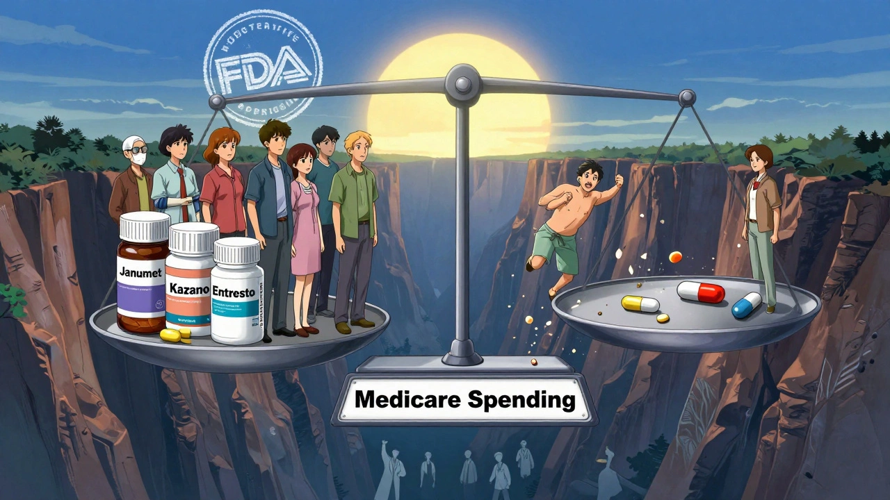 Patients on a scale weigh branded combo pills against generics, with combos crumbling as the scale tips toward savings.
