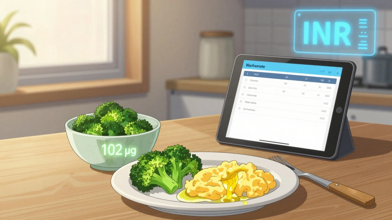 Person preparing a balanced meal with broccoli and eggs, tracking vitamin K intake on a tablet in a sunlit kitchen.