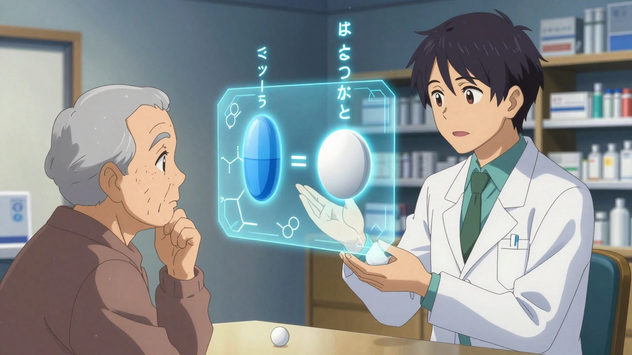 Pharmacist explains generics to an elderly patient as glowing pill comparison hovers between them.