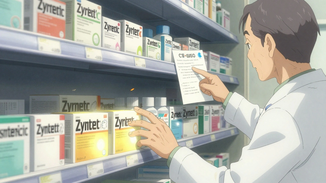 Pharmacy shelf with fading first-gen meds and glowing second-gen options, an elderly hand reaching for safer alternatives.