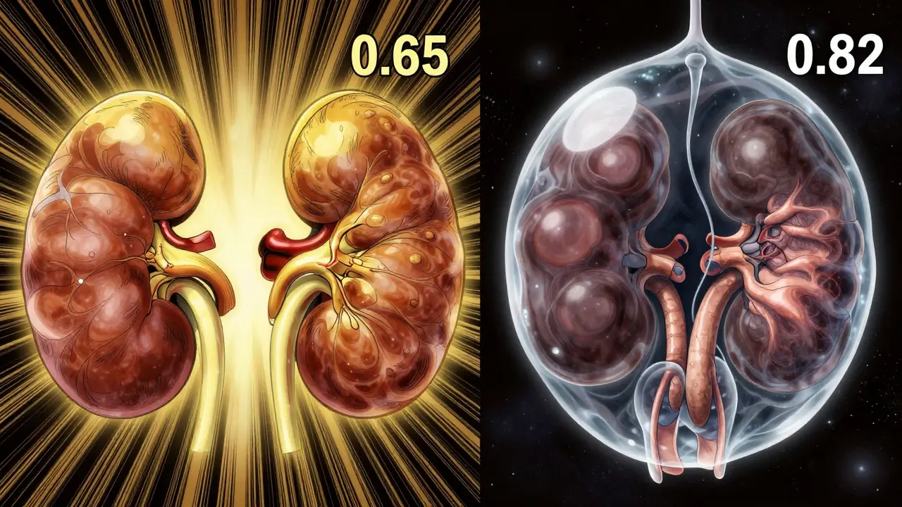 Side-by-side comparison of healthy and obstructed kidneys with glowing cortex and fluid-filled pelvis, resistive index values visible.