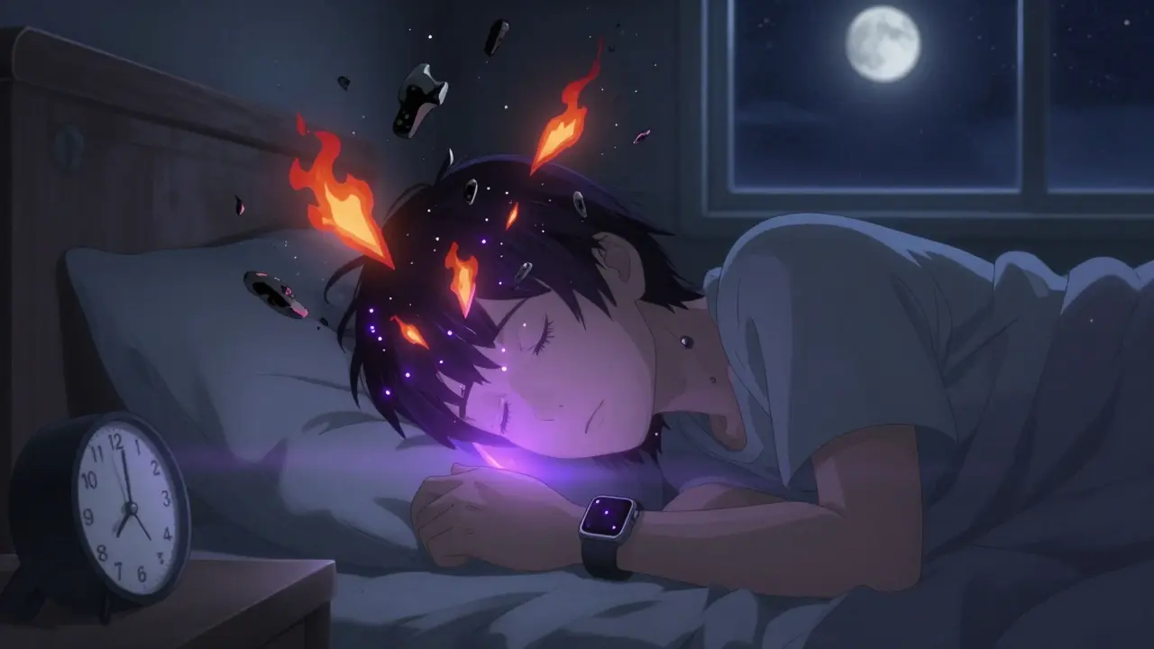 Someone sleeping peacefully as a smartwatch gently interrupts nightmares with soft vibrations.