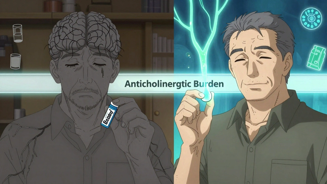 Split image: an older man with impaired brain pathways on one side, clear synapses on the other, holding different antihistamines.