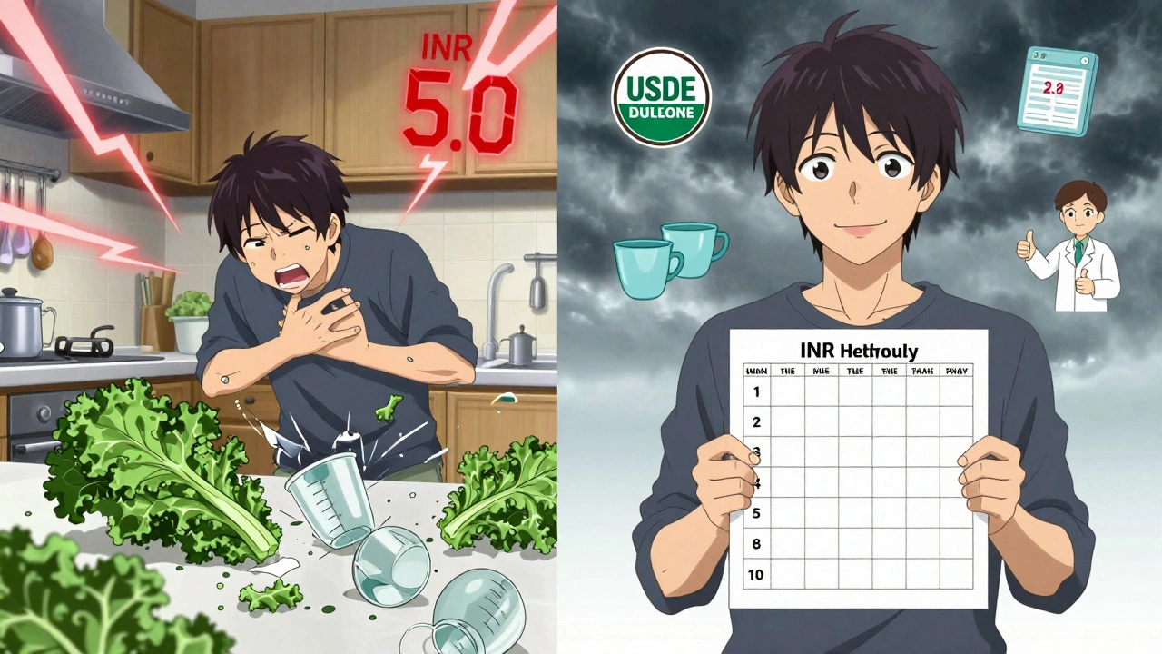 Split scene: chaotic INR spike on left, calm consistent diet on right, with medical tools and meal plan icons.