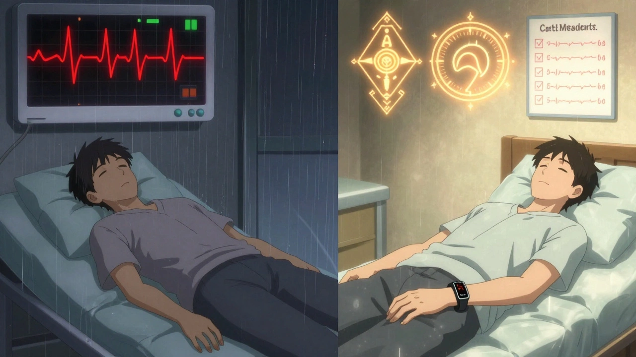 Split scene: patient collapsing from slow heart rate vs. same patient safely monitored at home with medical checklist glowing above.