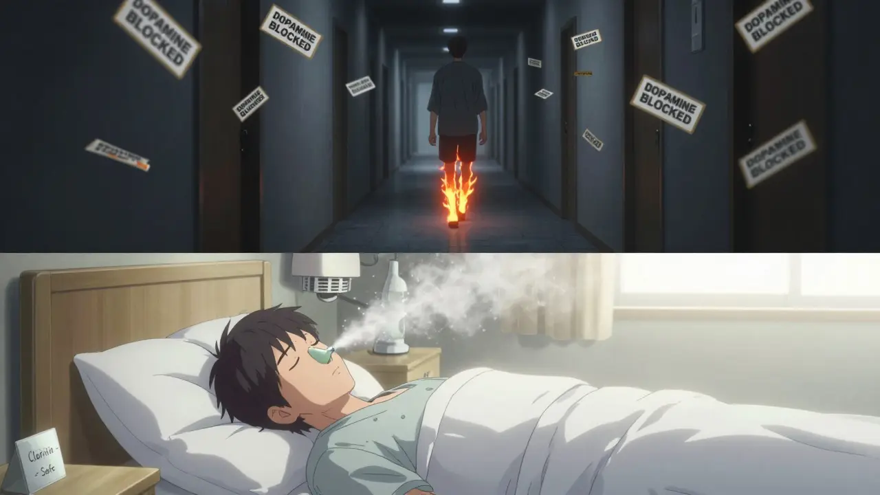 Split scene: person pacing in agony vs. peacefully sleeping with nasal spray and HEPA filter nearby.