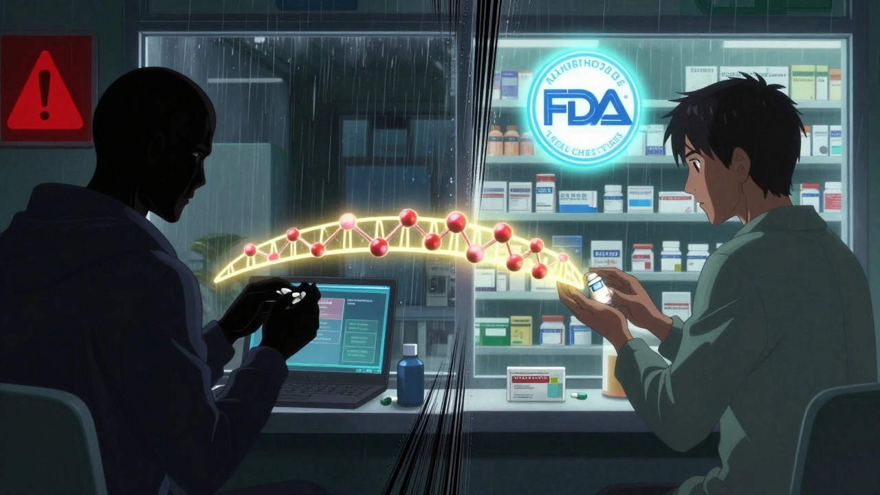 Split scene: unsafe online pill purchase vs. trusted pharmacist, connected by molecular bridge under FDA badge.