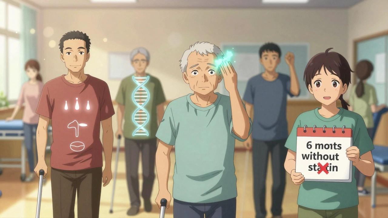 Stroke survivors in rehab, each surrounded by personal health visuals like DNA helix and medication icons.