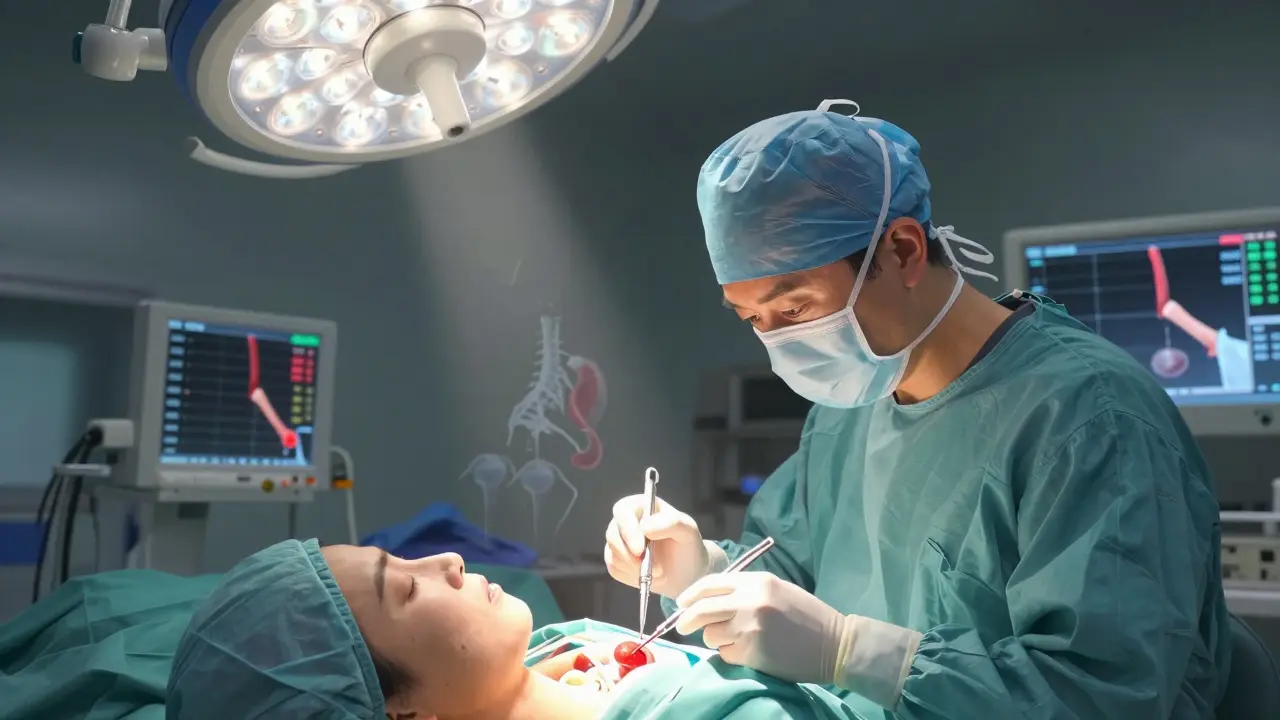 Surgeon removing a glowing parathyroid gland with digital PTH levels dropping during surgery.