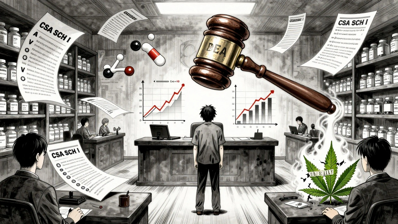 Surreal courtroom inside a pharmacist&#039;s mind with floating drug schedule labels and morphing codeine molecules.