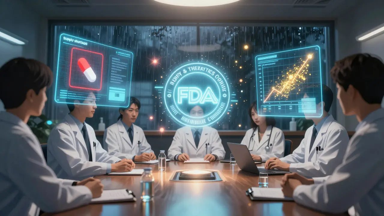 A committee reviewing holographic drug data with FDA seal and supply warnings in a high-tech room.