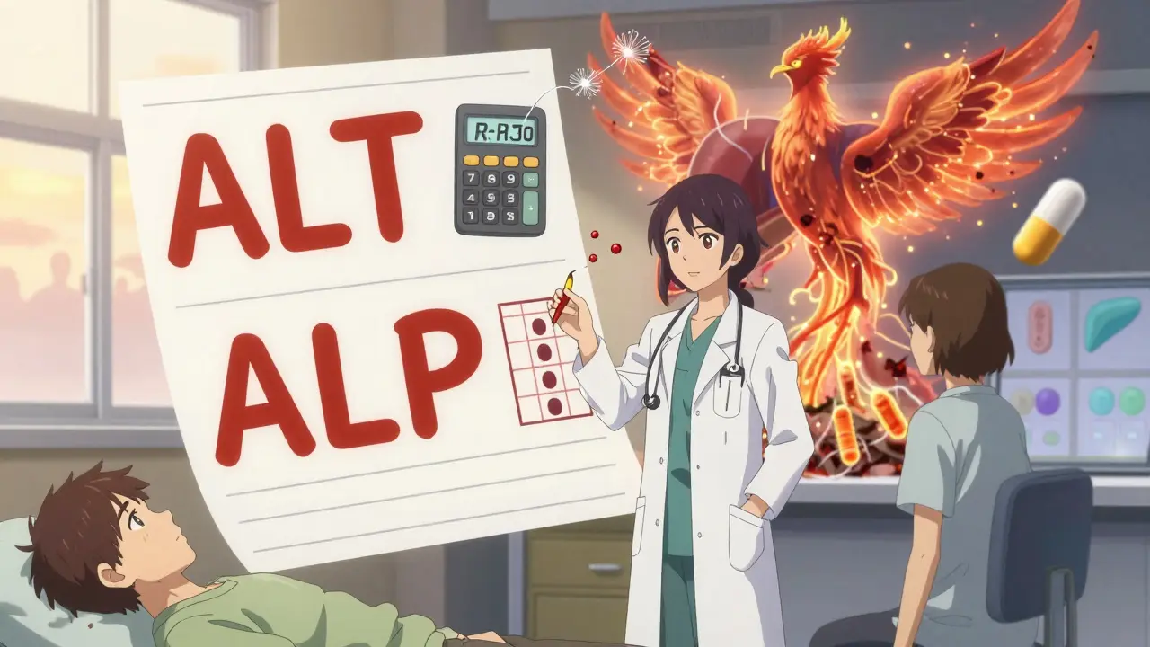 A doctor watches floating blood test results as a healing liver rises like a phoenix, with probiotics glowing nearby.