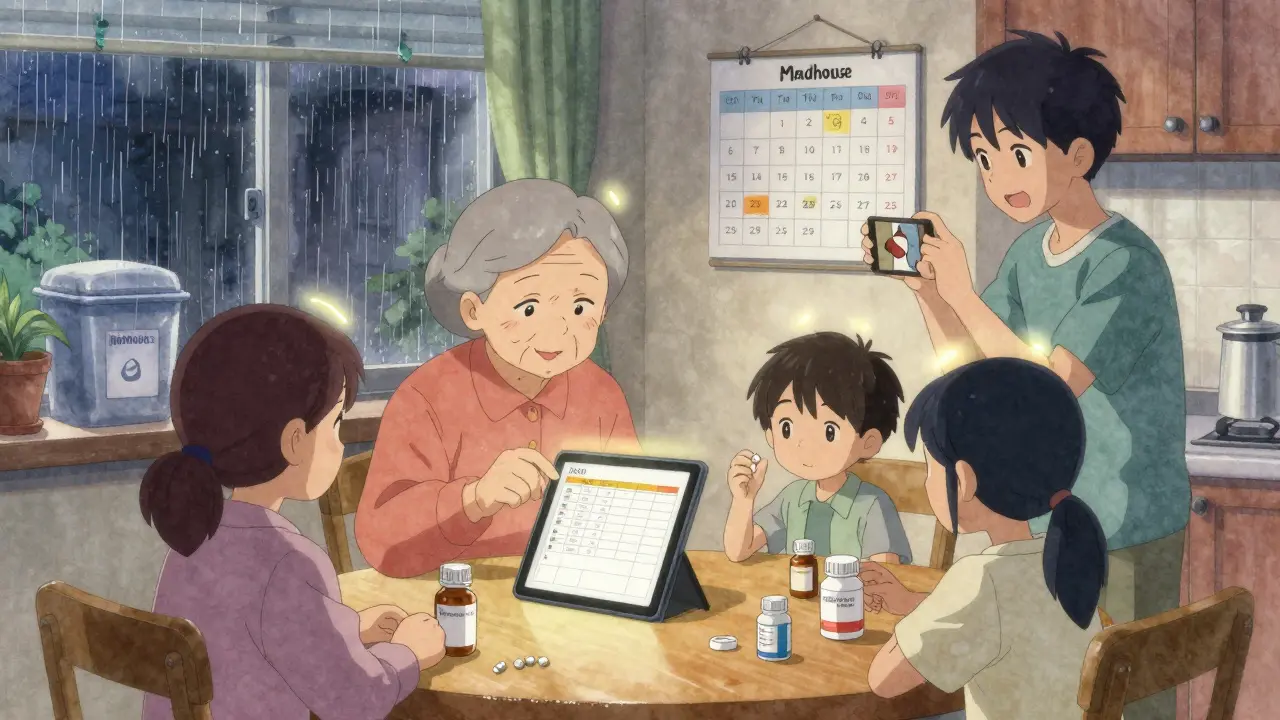 A family reviewing a shared medication list at the kitchen table with expiration checks and a drug disposal bin visible.