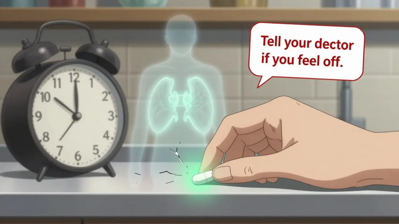 A hand placing a thyroid medication pill on a counter with translucent hormone activity glowing behind it.