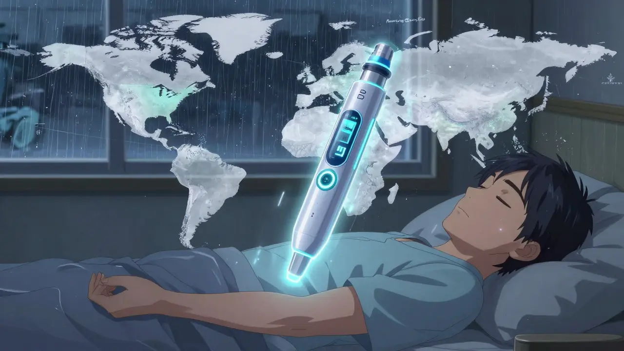 A high-tech insulin pen projects holographic glucose data over a sleeping patient.