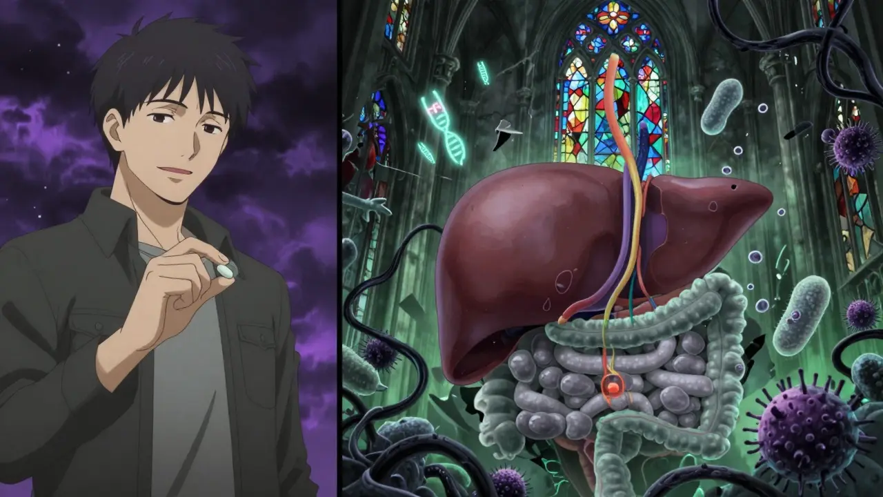 A man taking antibiotics as his liver crumbles, with gut bacteria fading and harmful microbes spreading in dark vines.