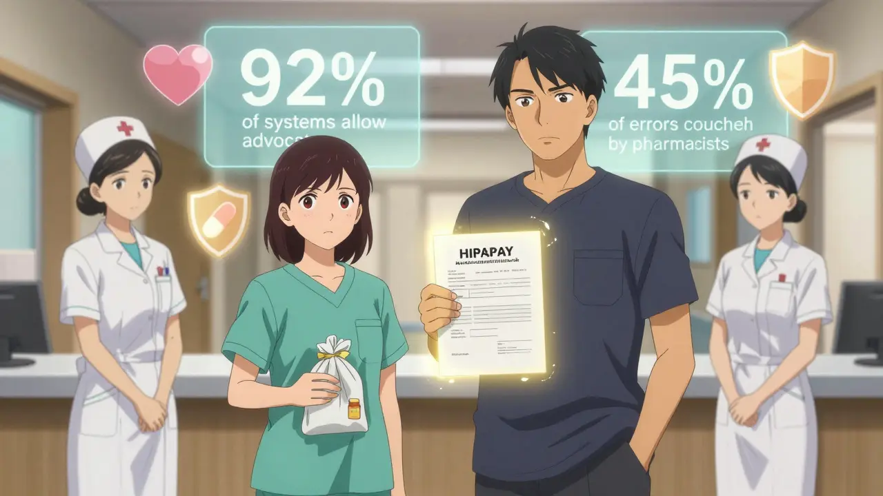 A patient and advocate present a glowing authorization form to a nurse, with floating medical statistics highlighting patient rights.