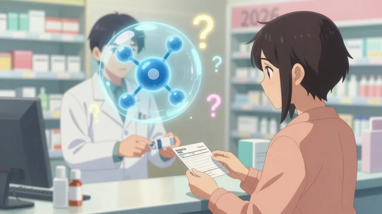 A patient at a pharmacy counter as pharmacist swaps generics, with a floating AI drug molecule nearby.