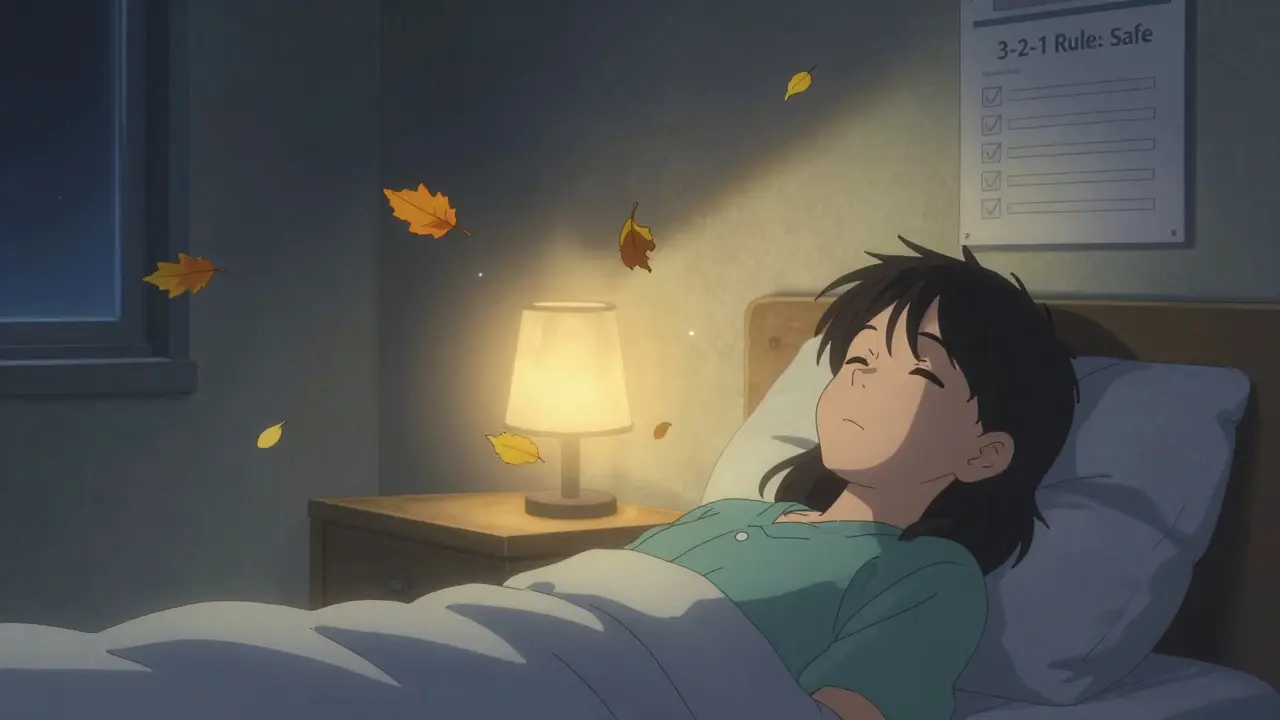 A patient gently moves their eyes to shift floaters out of view, calm and at peace in a quiet bedroom.