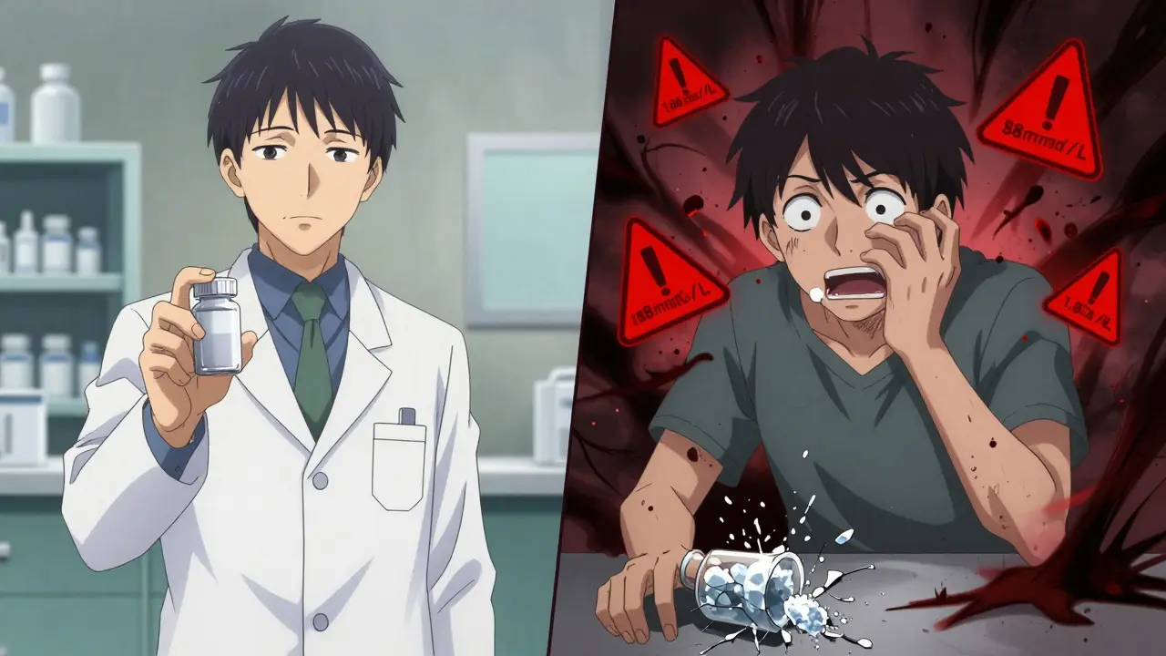 A patient receiving a generic lithium pill, with a sudden toxic level spike causing red warning glyphs to explode around them.