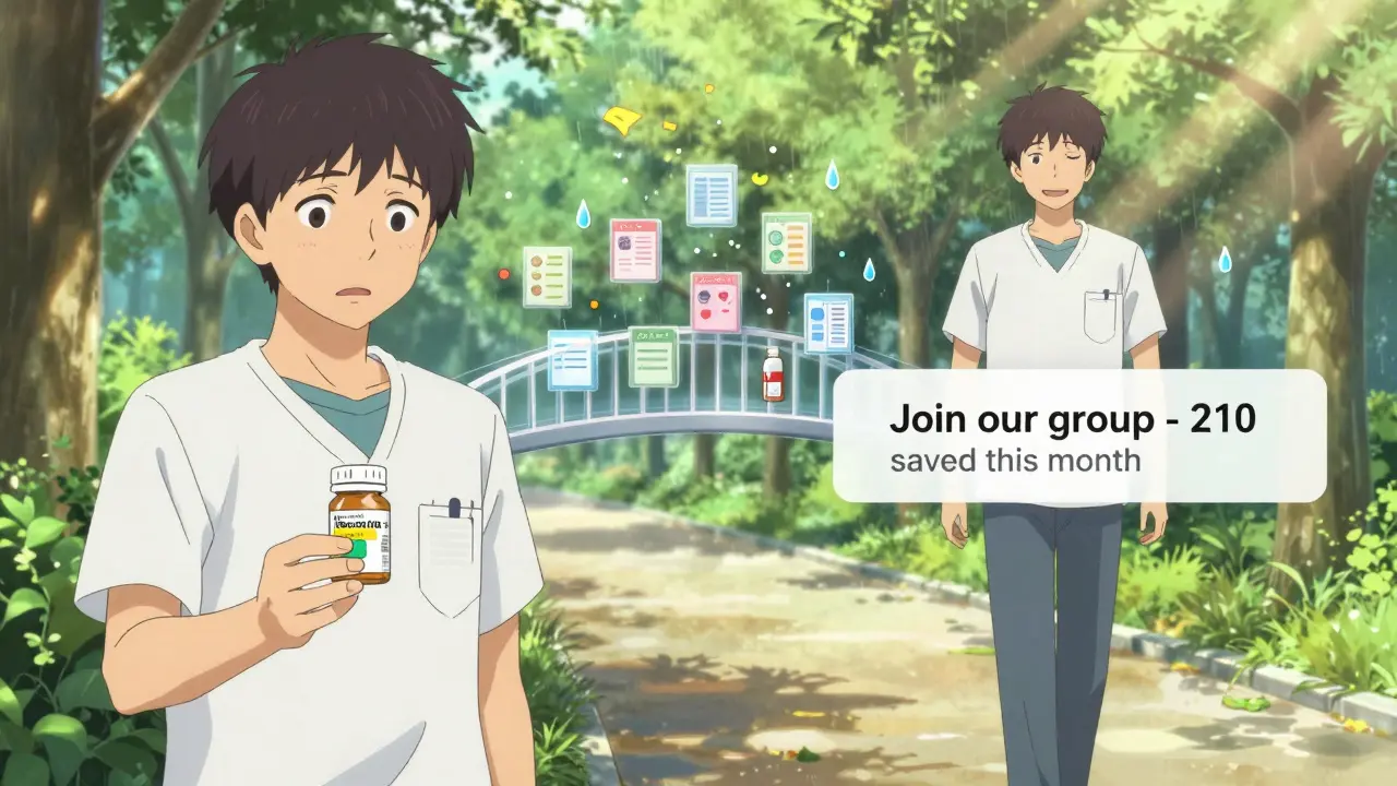 A person holding a generic pill bottle, then smiling in sunlight later, with a text message showing monthly savings.