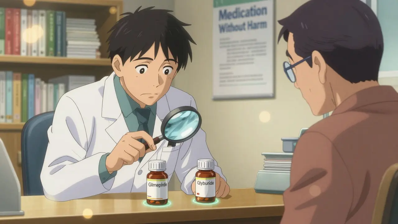 A pharmacist and patient examining two similar-looking pills side by side with a magnifying glass.
