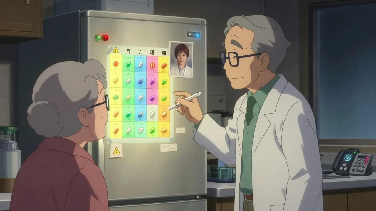 A retired pharmacist and his mother review a colorful, glowing pill chart on the fridge at night, using a stylus to check medications.