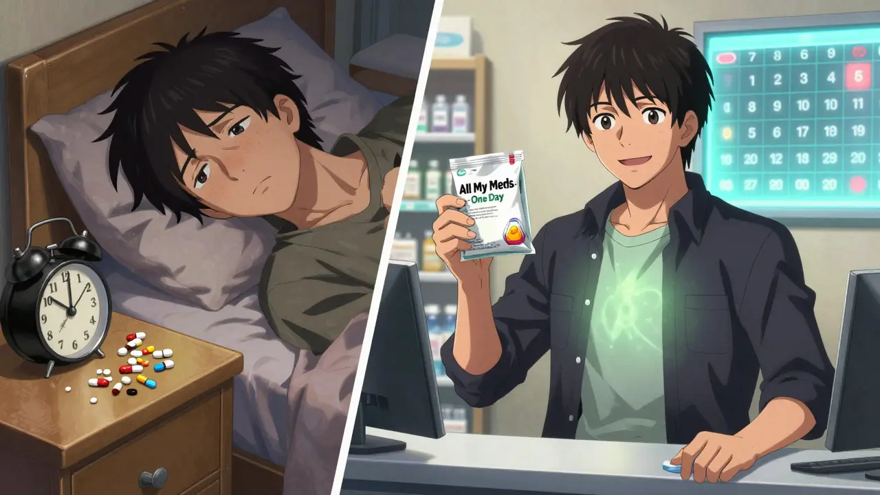 A split scene contrasting chaotic missed doses with organized monthly medication pickup, symbolizing improved health through sync.