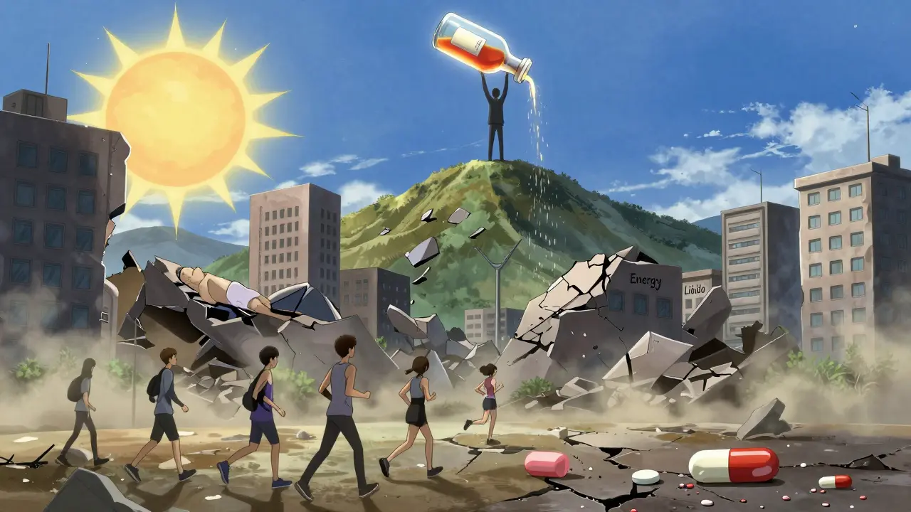 A symbolic city in ruin with a figure pouring testosterone like rain, restoring vitality to weary people below.