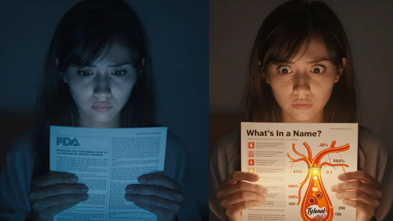 A woman comparing confusing medical text to a clear FDA chart showing brand and generic drug names side by side.