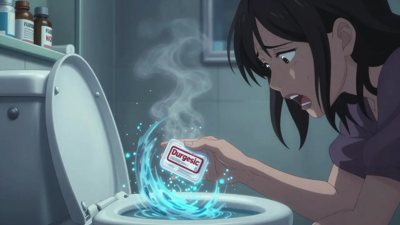 A woman flushing a fentanyl patch down the toilet, water swirling with glowing particles.