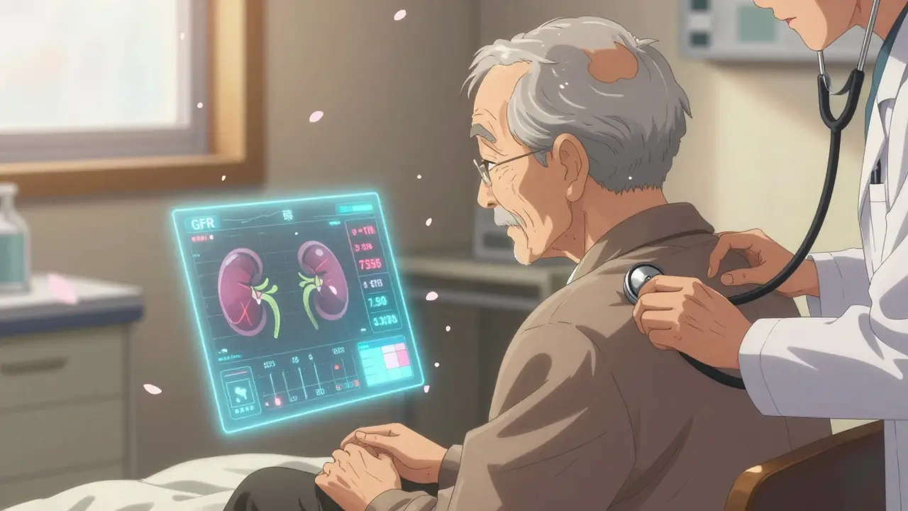 An elderly patient with a holographic health dashboard showing kidney and thyroid levels, cherry blossoms falling softly around them.