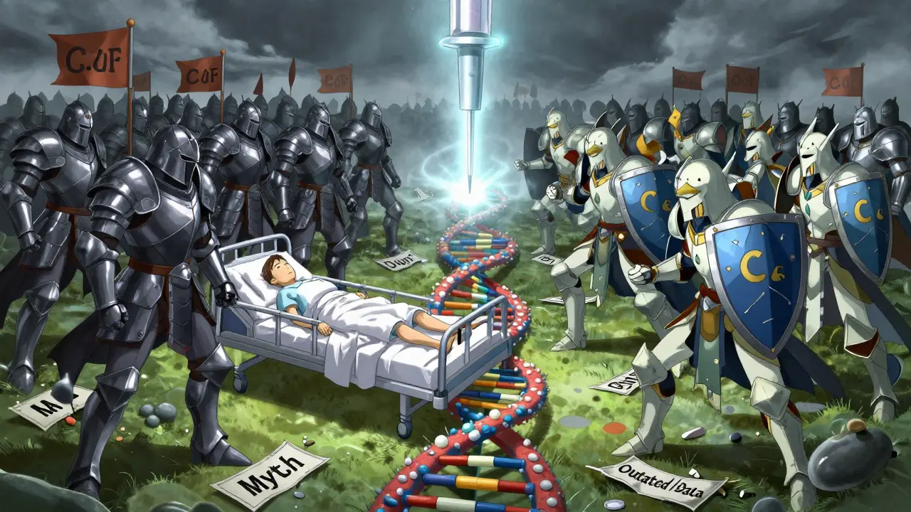 Battle between broad-spectrum antibiotics and cephalosporins over a patient in a DNA-themed battlefield.
