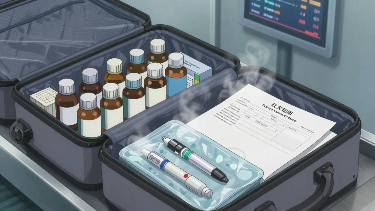 Carry-on bag with original medication bottles, doctor’s letter, and cooled insulin pack.