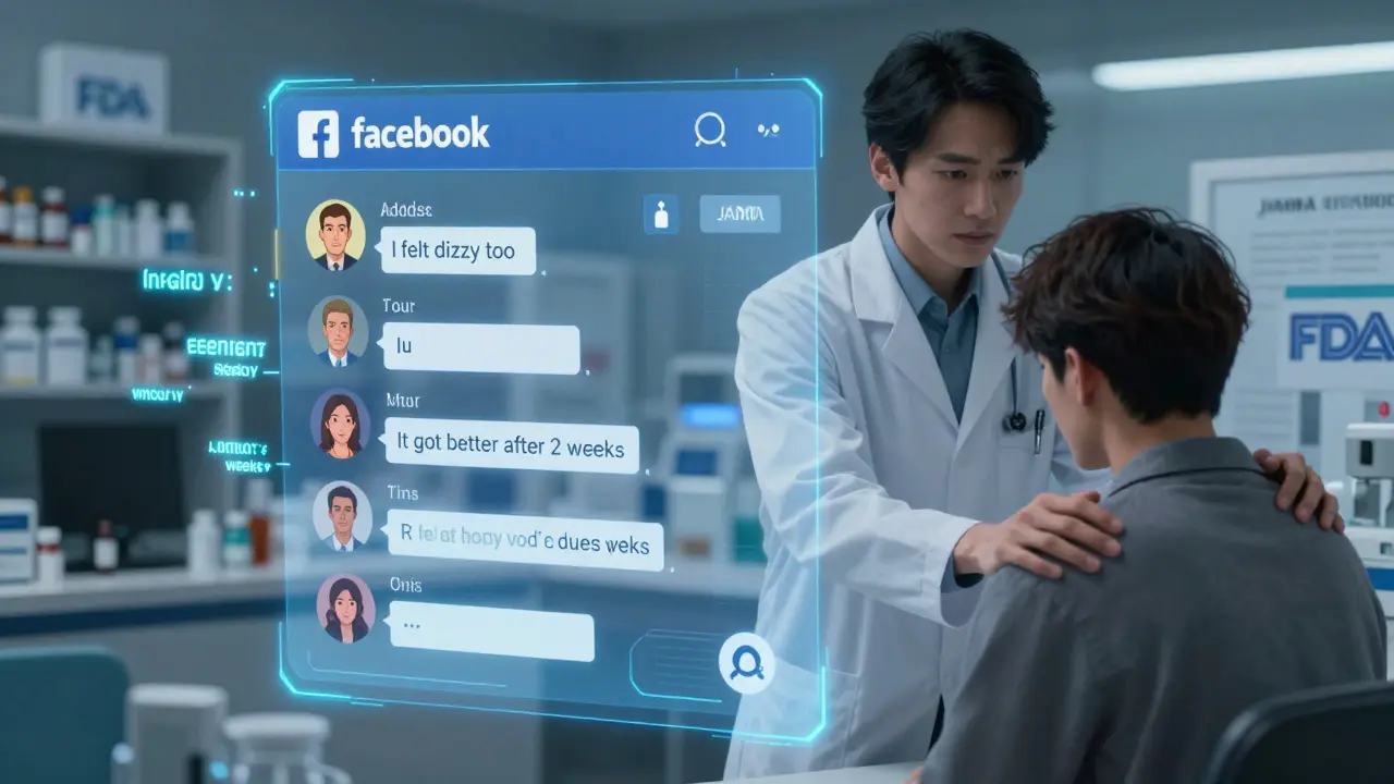 Digital Facebook group interface with user avatars and a pharmacist supporting a patient, surrounded by medical study logos.