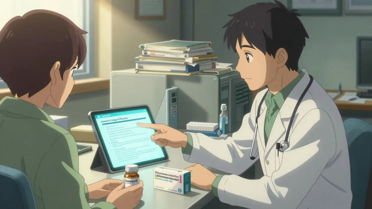 Doctor and patient reviewing clinical guidelines with generic pill bottle on desk.