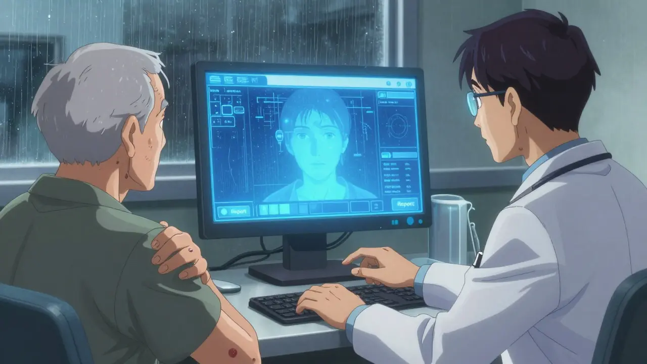 Doctor on telehealth call observing elderly patient with hidden bruises