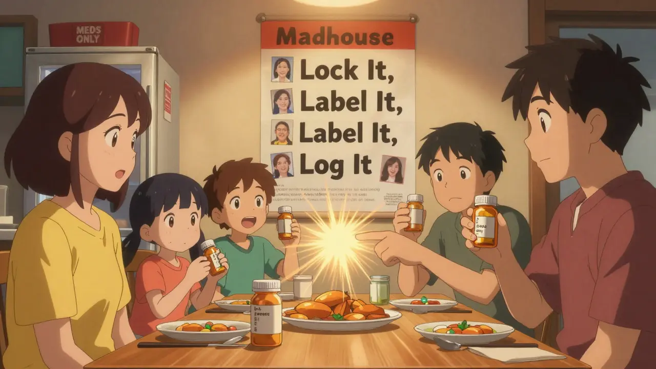 Family gathered at table with medication poster, each holding labeled pill bottles during safety meeting.