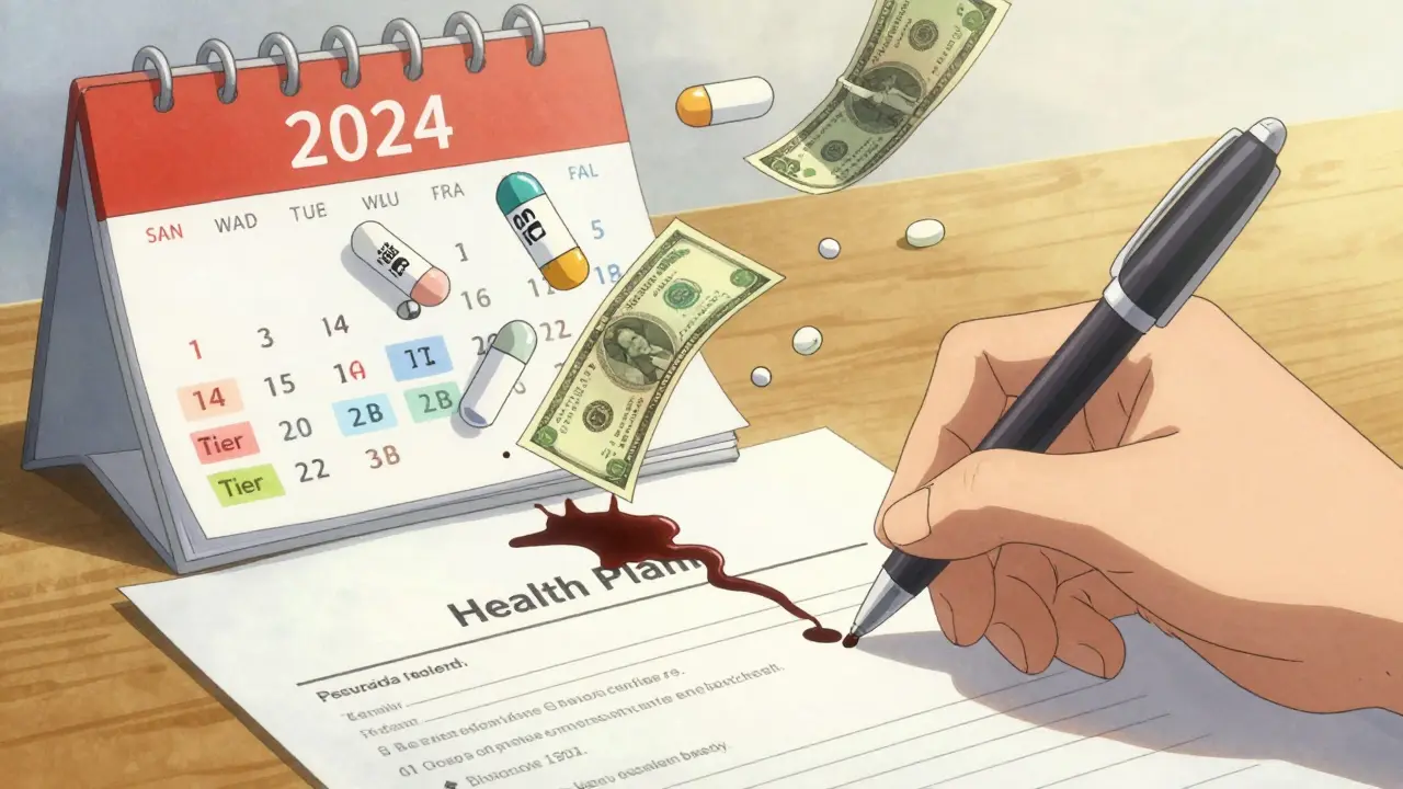 Hand signing a health form as ink turns into prescription labels, calendar flipping to 2025 with new drug tiers.