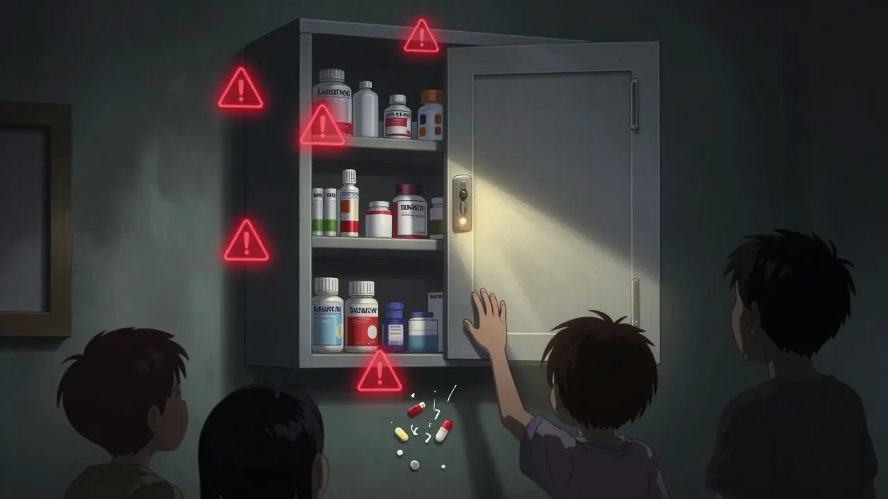 Locked medicine cabinet glows with warning symbols as children reach up from below.