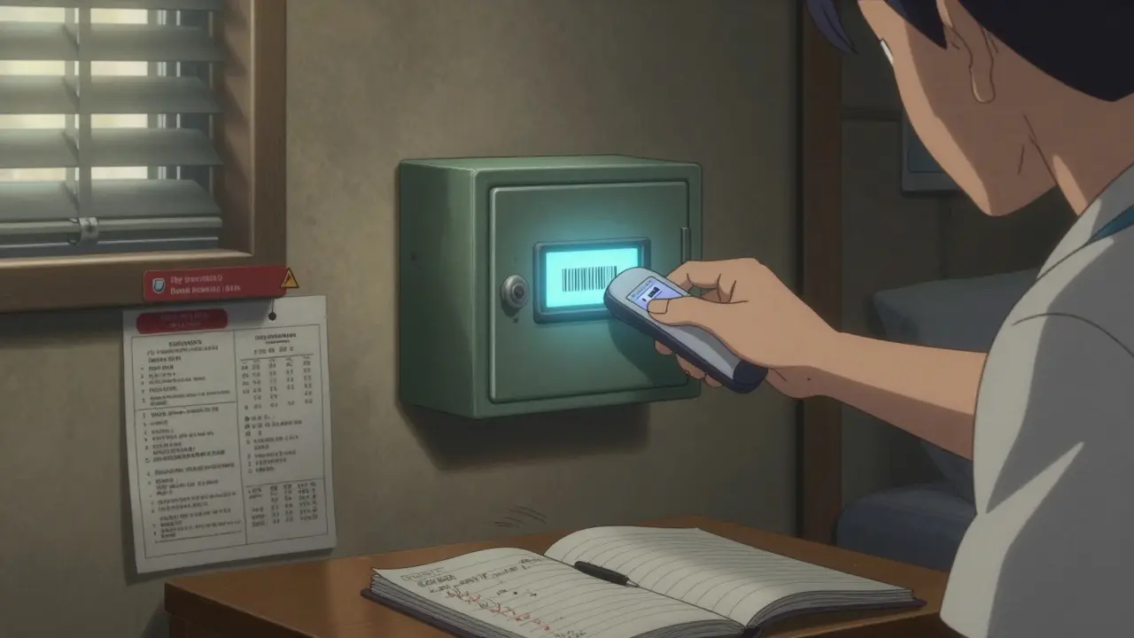 Nighttime bedroom with wall-mounted medicine safe glowing softly, caregiver scanning a pill bottle.