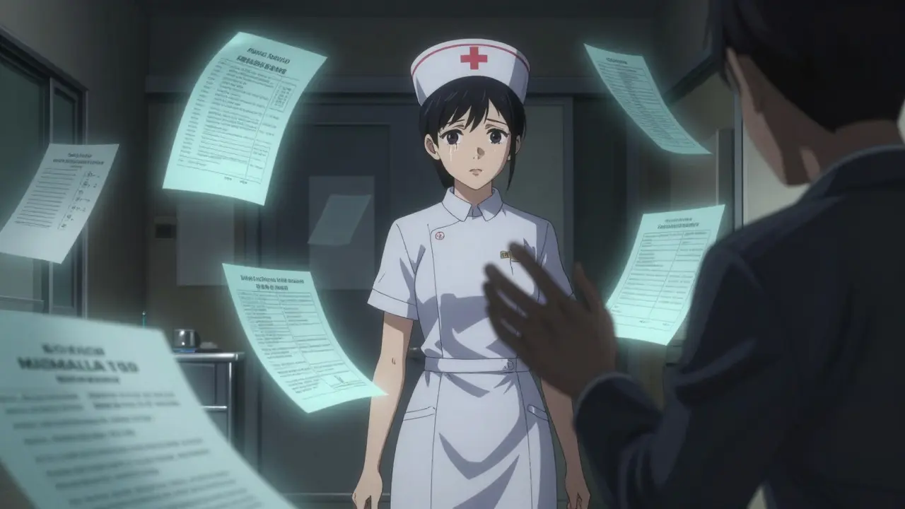 Nurse surrounded by glowing legal reports, shadowy figure blocking her path